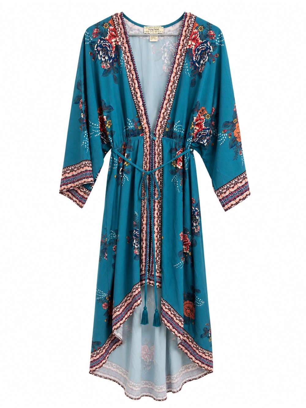 Flying Tomato L Teal Floral Boho Duster Kimono High Low Tie Waist